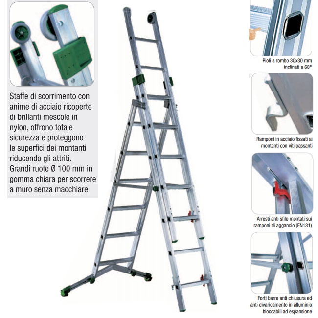 Scala trasformabile Modula tripla in alluminio 3 x 7 gradini