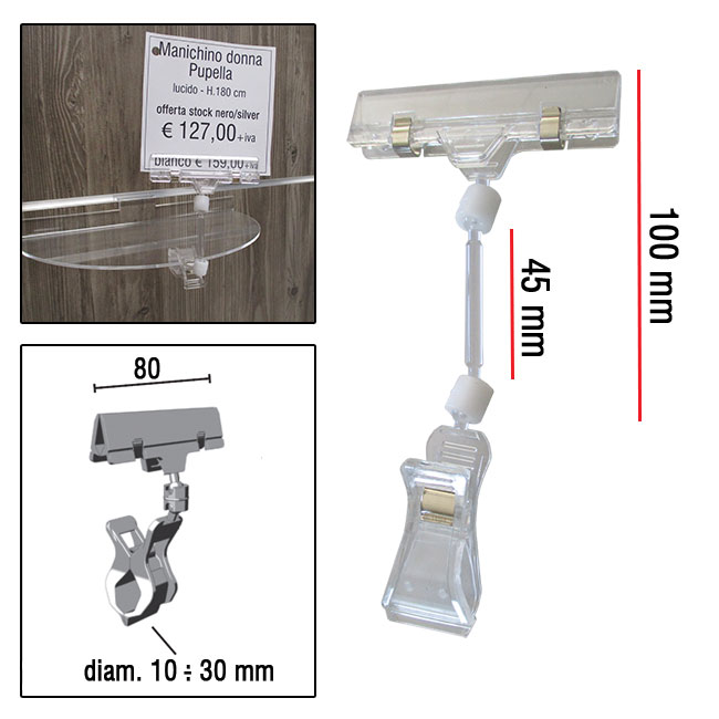 Portaprezzi con pinza di aggancio 10-30 mm e supporto cartello da mm 80 a  molla.