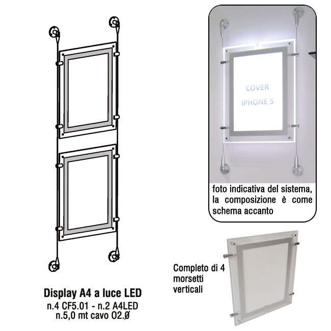 Espositore sistema filo a 2 tasche A4 con cornici illuminabili a LED.  Fissaggio a parete